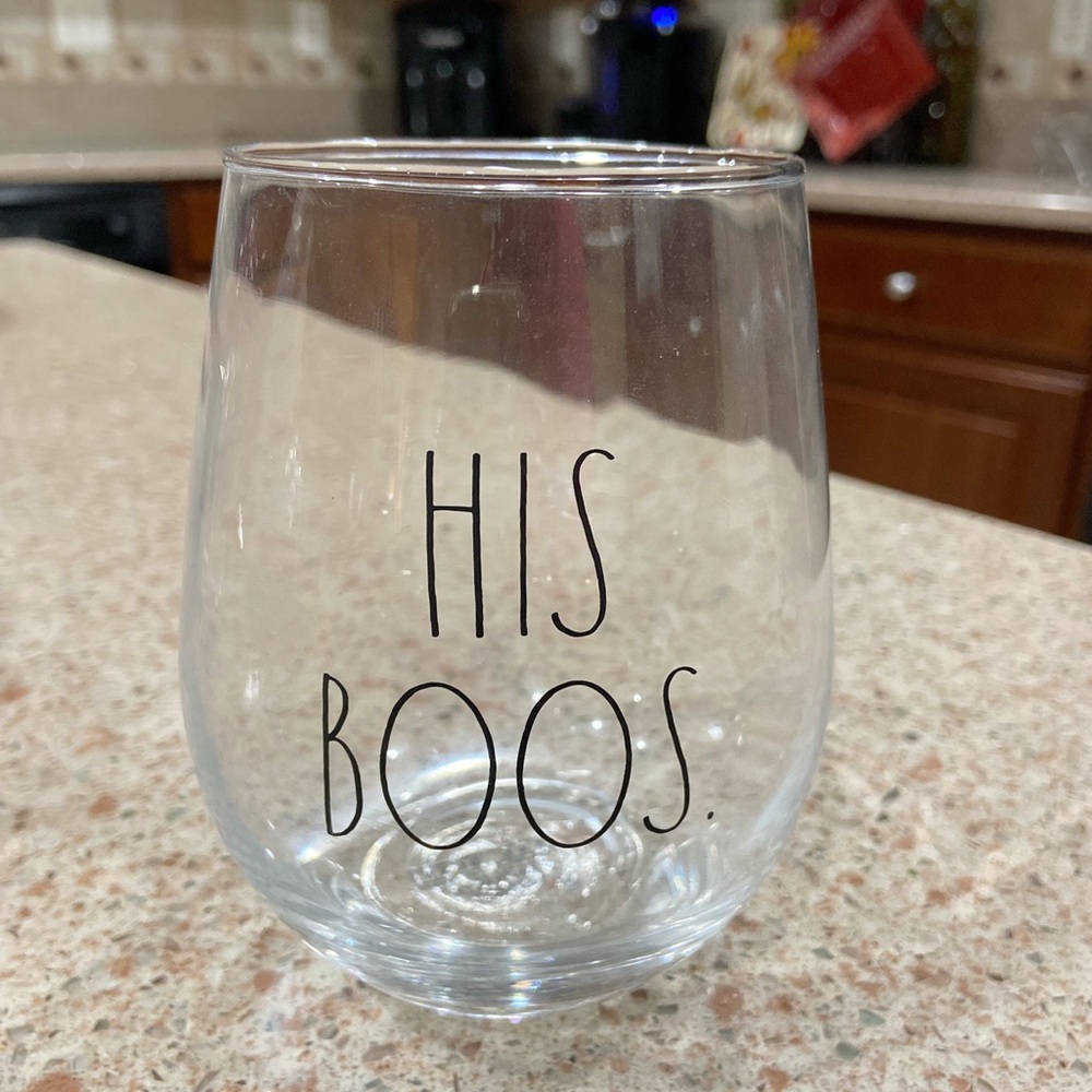 Rae Dunn Clear Glass Wine Glass “His Boos” 15oz